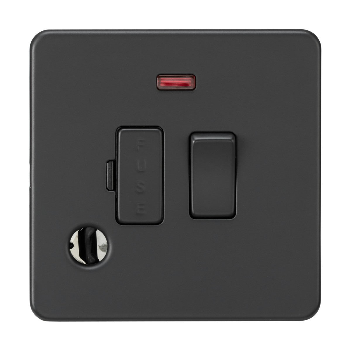 The 13A Switched Fused Spur Neon and Flex Outlet, Anthracite (Screwless) design, enhances contemporary interiors with its black flat plate and red indicator light. It features a circular hole on the lower left for seamless integration into modern spaces.