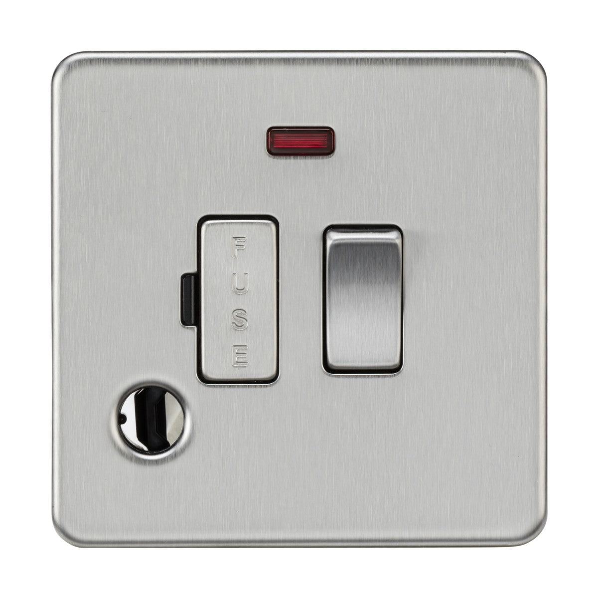 The 13A Switched Fused Spur in brushed chrome features a fused spur unit with a switch, a labeled fuse holder, a red neon indicator, and a round flex outlet. Its screwless, low-profile design enhances modern aesthetics.