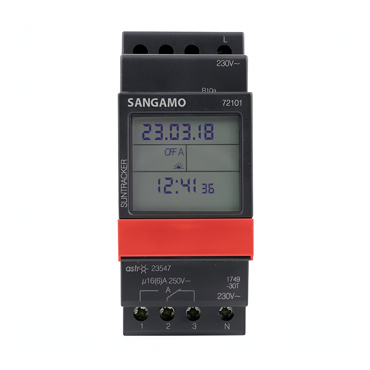 The DIN Rail Astro 2 MOD 1 Channel 7 Day Time Switch includes a digital display indicating the date as 23.03.18, OFF A setting, and the time as 12:41:36. It features buttons labeled 1, 2, 3, and N for straightforward programming and is equipped with a Volt-free timer that has a robust 16A changeover contact to ensure seamless operation.