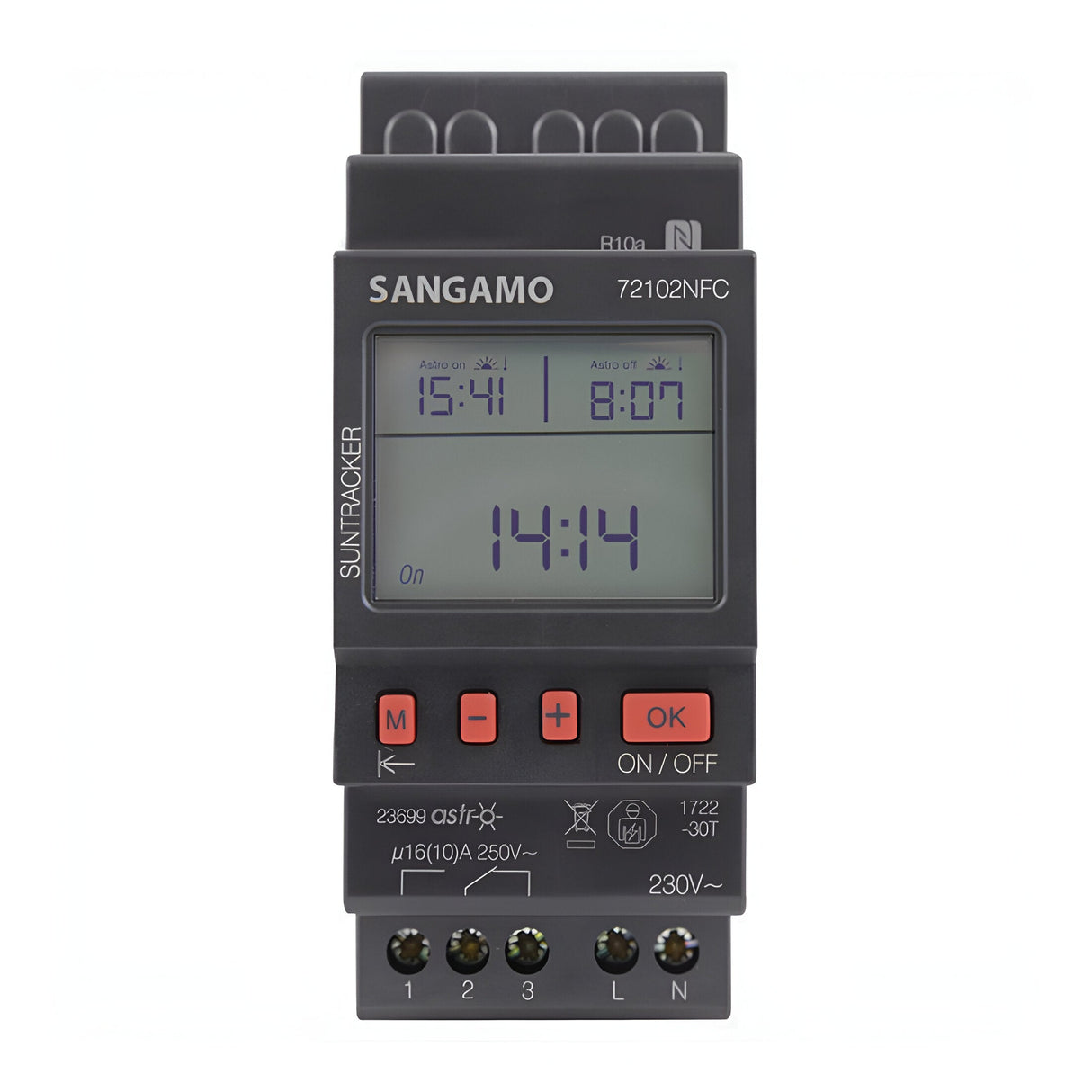 Introducing the NFC DIN Astro 1 MOD 1 Channel 24HR Time Switch: This device features a gray casing and a display indicating 14:14. It is equipped with buttons labeled OK, ON/OFF, and additional buttons featuring navigation symbols. The time switch supports Astro programming, includes connectors at the bottom, and proudly displays the Sangamo Suntracker branding.