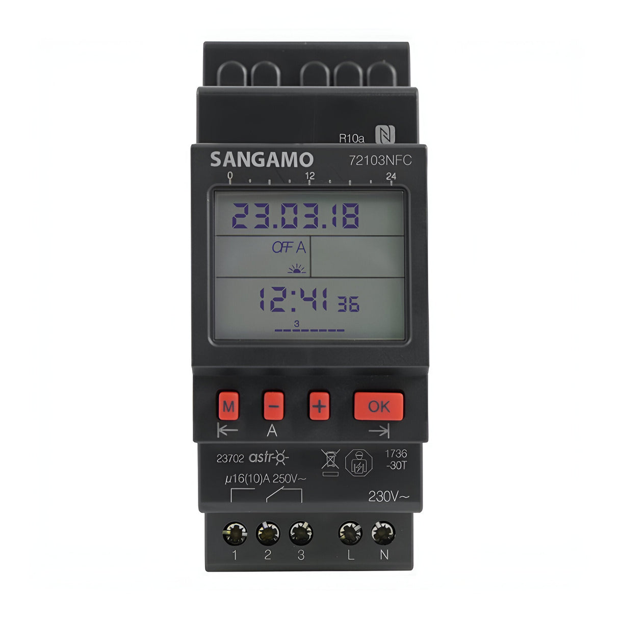 The NFC DIN Astro 2 MOD 1 Channel 7 Day Time Switch features a digital display showing the date 23.03.18 and time 12:41, and is equipped with Astro programming for optimal control. It includes user-friendly buttons such as OK and navigation arrows, along with terminals at the bottom for easy connection to a 16A changeover contact.