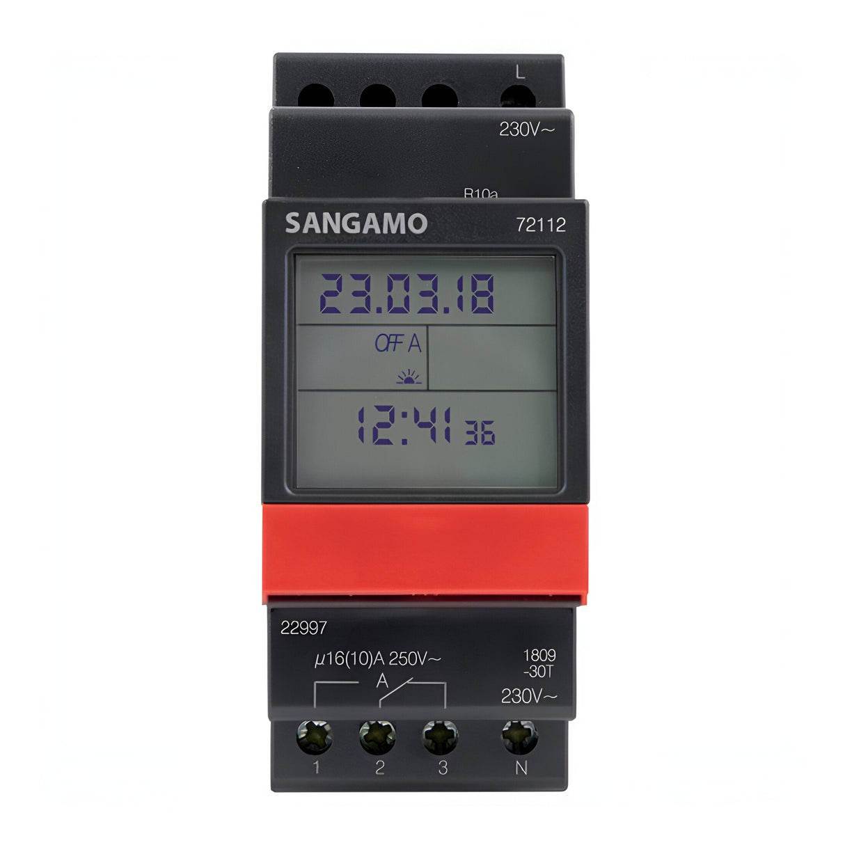 The DIN Rail 2 Module 1 Channel 7 Day Time Switch, displaying the date 23.03.18 and time 12:41:36, is ideal for managing adjustable lighting or a ceiling fan. The Sangamo brand name is prominently displayed at the top, with conveniently labeled buttons and terminals positioned below the screen for straightforward use.