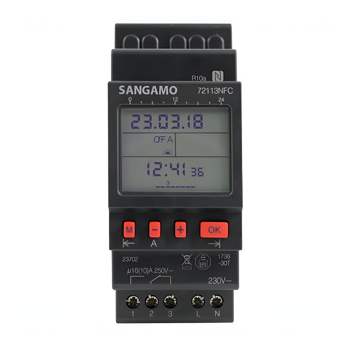 The NFC DIN Rail 2 MOD 1 Channel 7 Day Time Switch is designed for user-friendly setup with its NFC programming feature. It has a display indicating the date as 23.03.18 and the time as 12:41, includes multiple control symbols, and operates at a power rating of 230V. Its volt-free capacity of 16A makes it highly versatile for various applications.