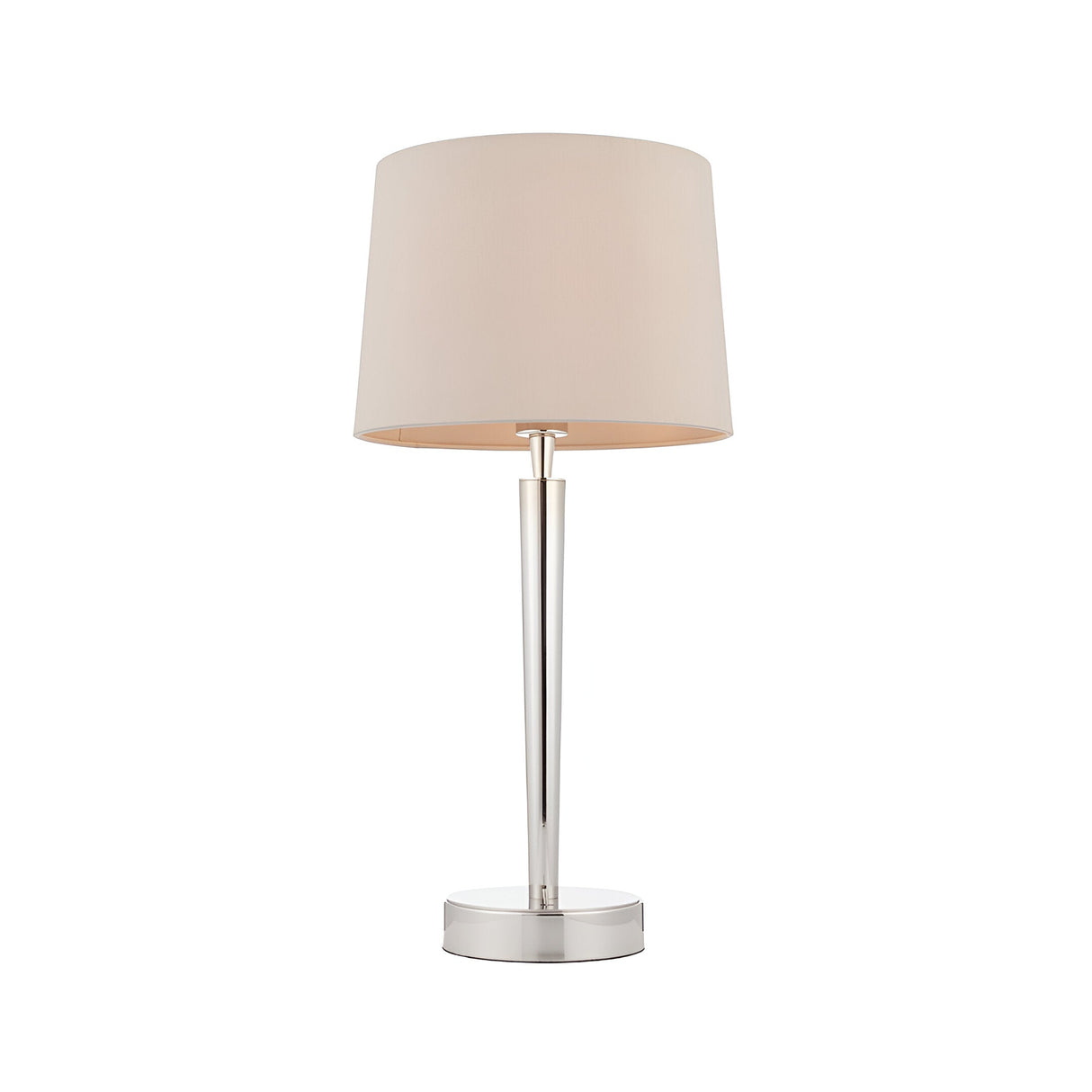 Endon Crandale USB table lamp with a slim bright nickel stem and round base, topped with a tapered mink faux silk shade, on a plain white background.