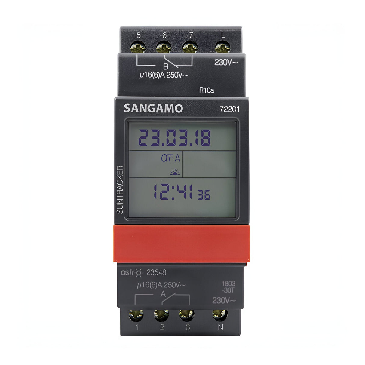 The DIN Rail Astro 2 MOD 2 Channel 7 Day Time Switch, equipped with EasyVUE technology, features a digital screen that displays the date as 23.03.18 and the time as 12:41. This timer module, identified by model number 72201, includes multiple connectors on its top and bottom and supports a changeover contact functionality of up to 16A.