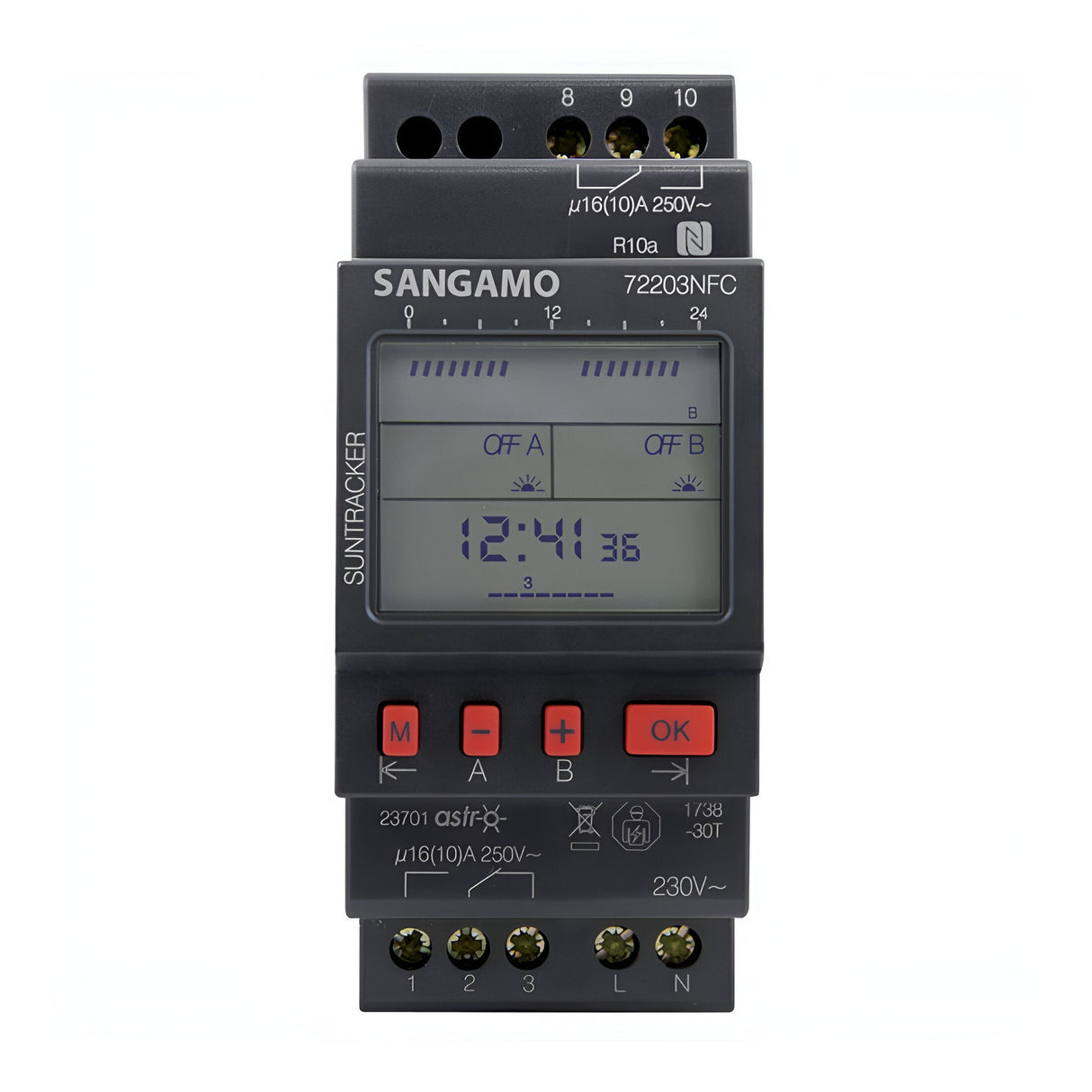 A NFC DIN Astro 2 MOD 2 Channel 7 Day Time Switch features a digital timer with an LCD screen displaying the time as 12:41. It comes in a black casing with red and gray buttons labeled -, +, OK, and Menu. This device includes wiring terminals on both the top and bottom, along with a battery reserve for uninterrupted performance.