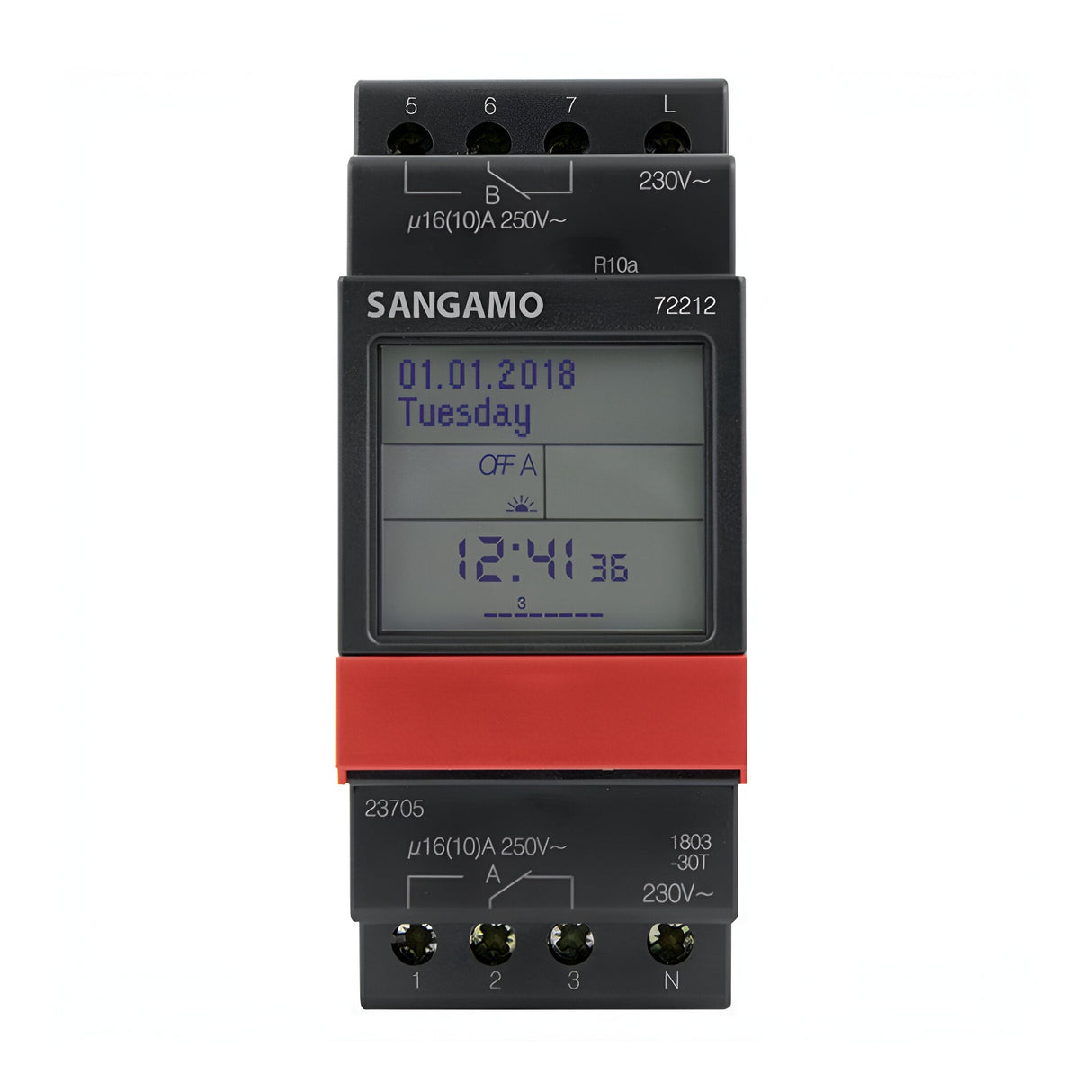The DIN Rail 2 Module 2 Channel 7 Day Time Switch, model 72212, includes the EasyVUE display, showing the date as 01.01.2018, a Tuesday at 12:41. It provides connection ports at both the top and bottom with voltage specifications of 230V and features a durable 16A changeover contact for smooth operation.