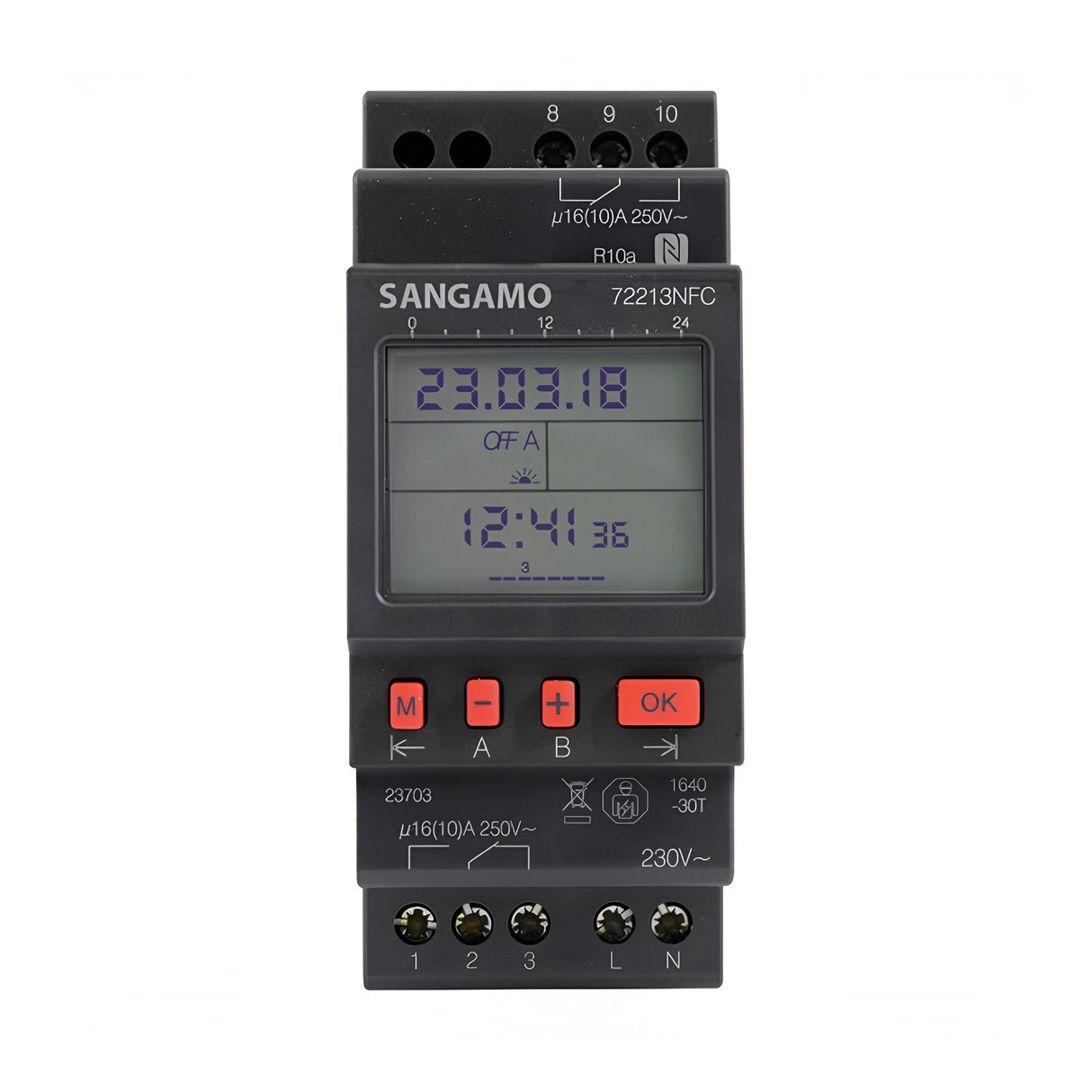 The NFC DIN Rail 2 MOD 2 Channel 7 Day Time Switch is a digital timer switch module featuring an LCD display that shows the date and time. It includes buttons labeled with OK and other symbols, with a screen displaying information like OFF/A next to 12:41 36. The top and bottom sections feature various electrical specifications, including a battery reserve function.
