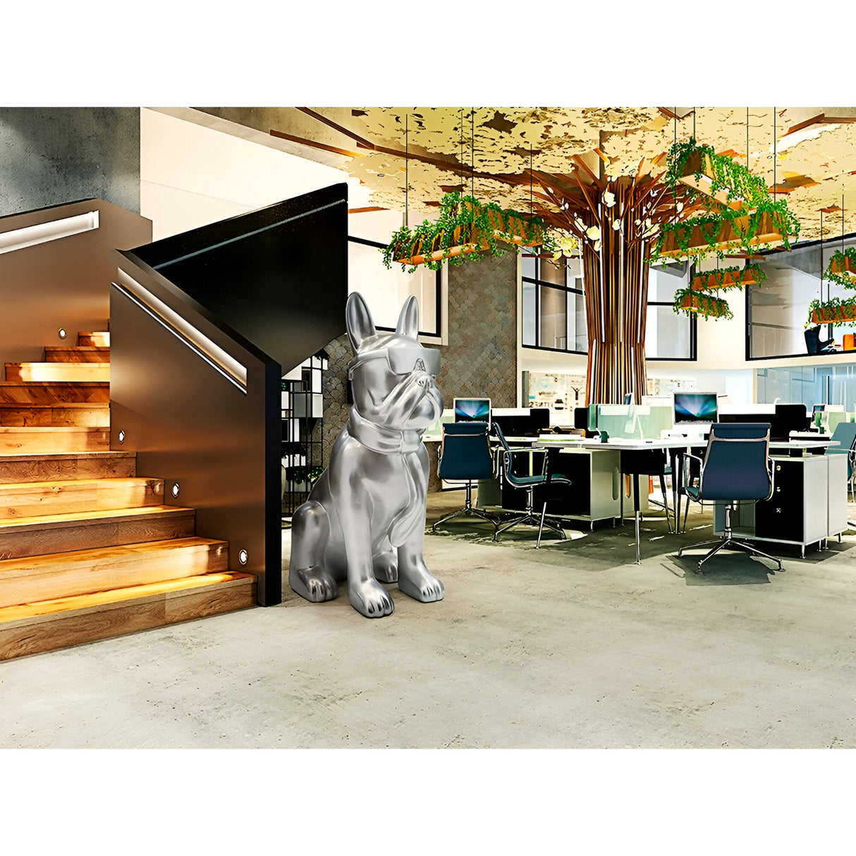 Bulldog Frances Silver Painted Outdoor Sculpture - 148cm