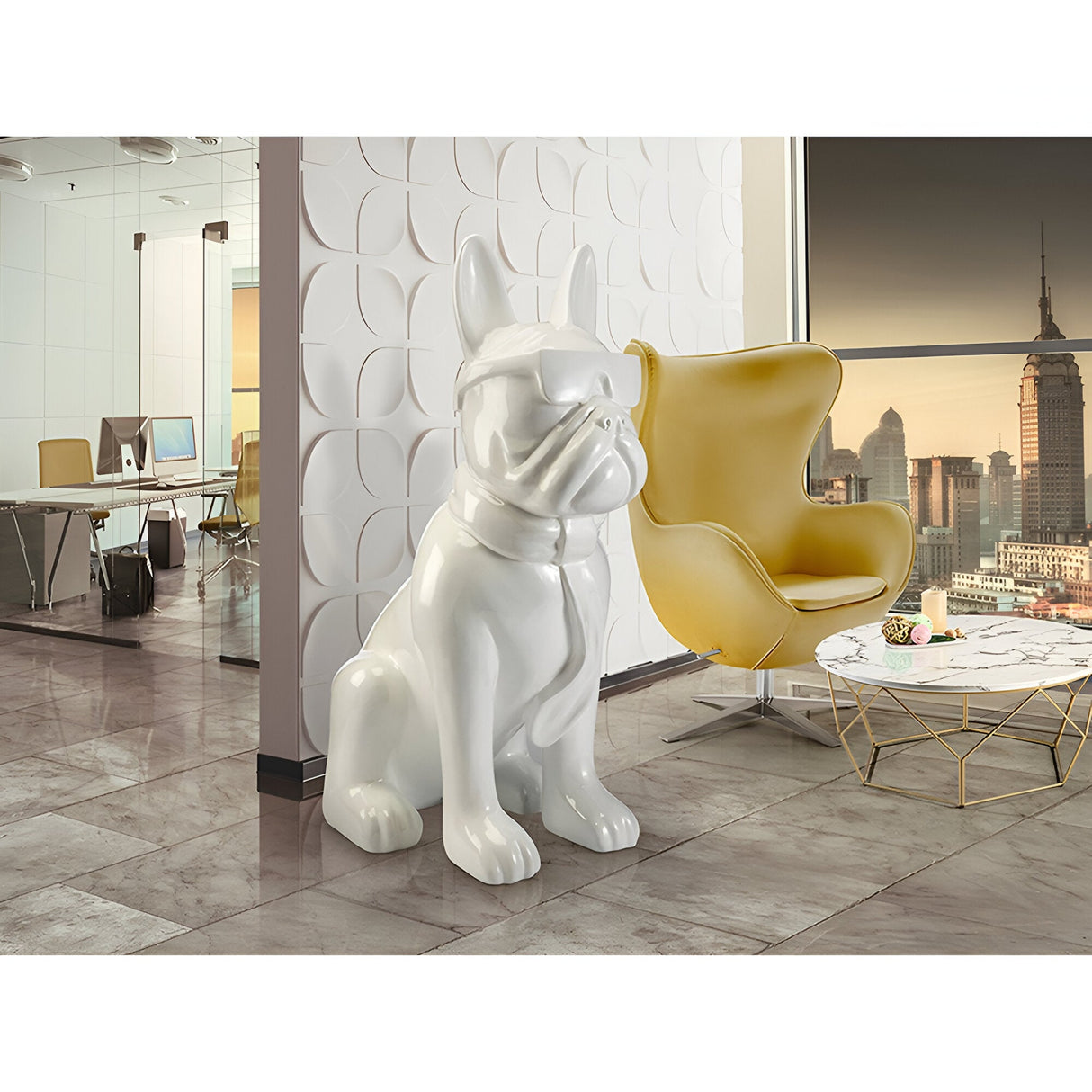 Bulldog Frances White Gloss Painted Outdoor Sculpture - 148cm