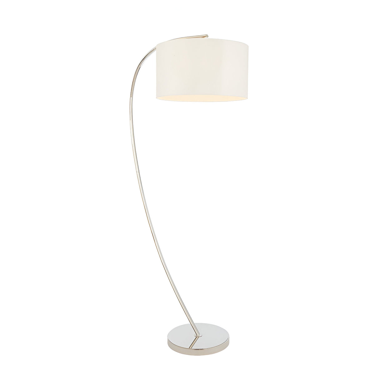 Brockfield Floor Lamp in polished nickel with a curved arching stem and oversized white drum shade, on a round base against a plain white background.