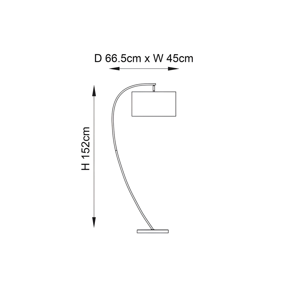Line drawing of the Brockfield Floor Lamp in nickel with arched stem, rectangular shade and flat base, dimensions H 152cm x D 66.5cm x W 45cm.