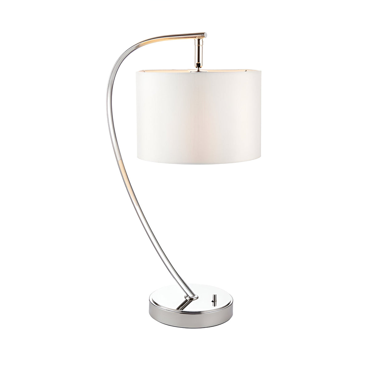 Brockfield Table Lamp in bright nickel finish with an arched curved stem and vintage white faux silk drum shade, toggle switch, on a plain white background.