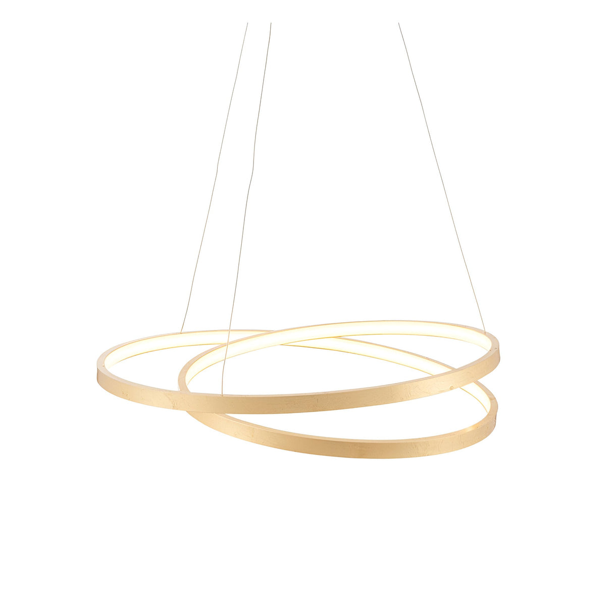 Endon Cliffley LED ring pendant in gold leaf finish, formed as a continuous looping metal hoop suspended by thin cables against a white background.