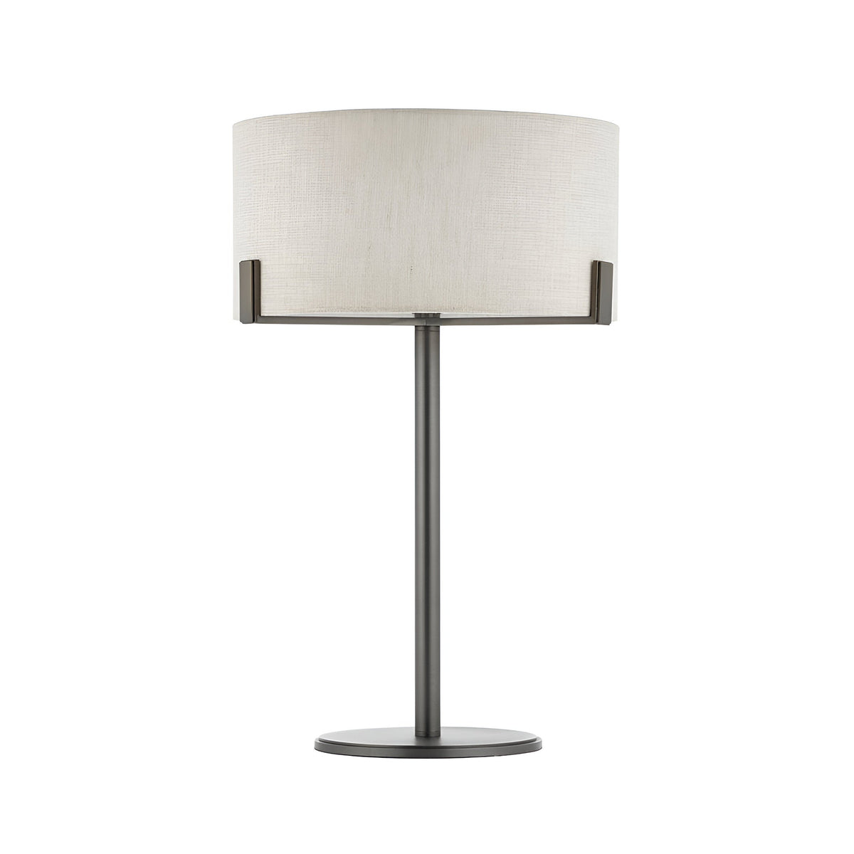 Brendon Table Lamp in bronze finish with a natural linen drum shade on a slim metal stem and round base, shown on a plain white background.