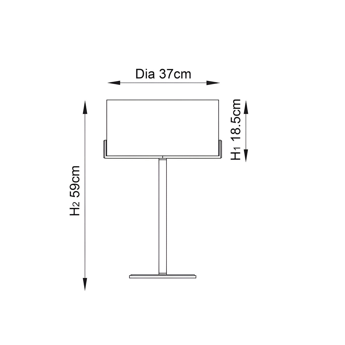 Line drawing of the Brendon Table Lamp showing dimensions: 37cm shade diameter, 18.5cm shade height, and 59cm total height, on a bronze metal base.