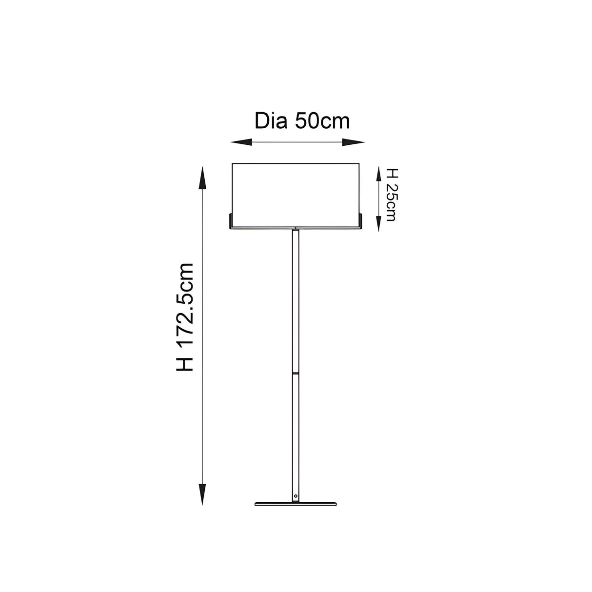 Dimensions diagram of the Endon Brendon floor lamp showing a 50cm diameter drum shade, 25cm shade height, and 172.5cm overall height.