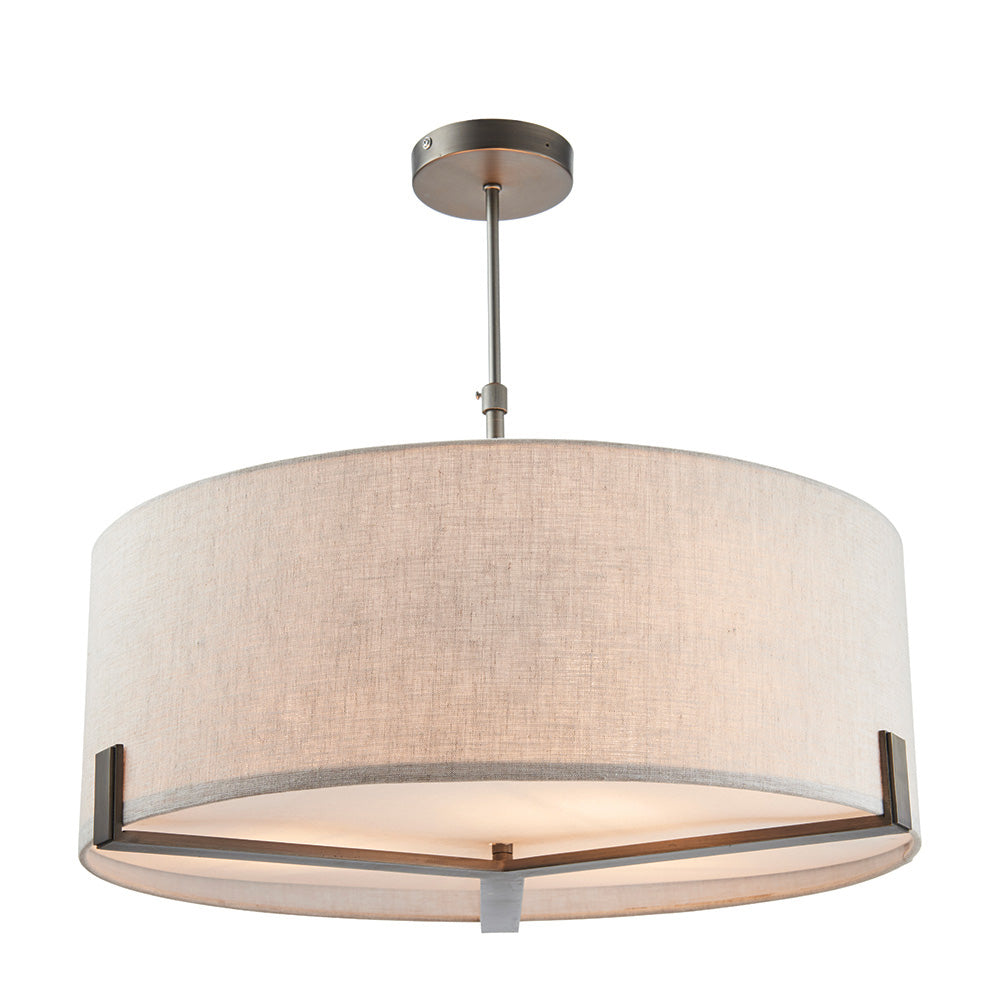 Brendon 3 Light Pendant with large drum-shaped natural fabric shade, bronze metal frame and telescopic stem, shown on a plain white background.