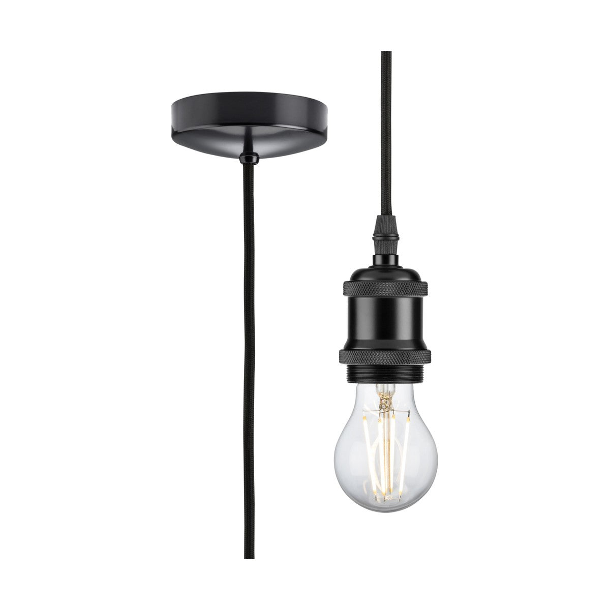 Presenting the 1.8m ES Vintage Pendant Set in Matt Black, this pendant lamp showcases a classic design with a black metal fixture and an exposed filament bulb, compatible with an E27 base. The cord gracefully extends from a round ceiling plate, infusing an elegant touch of timeless charm into any environment.