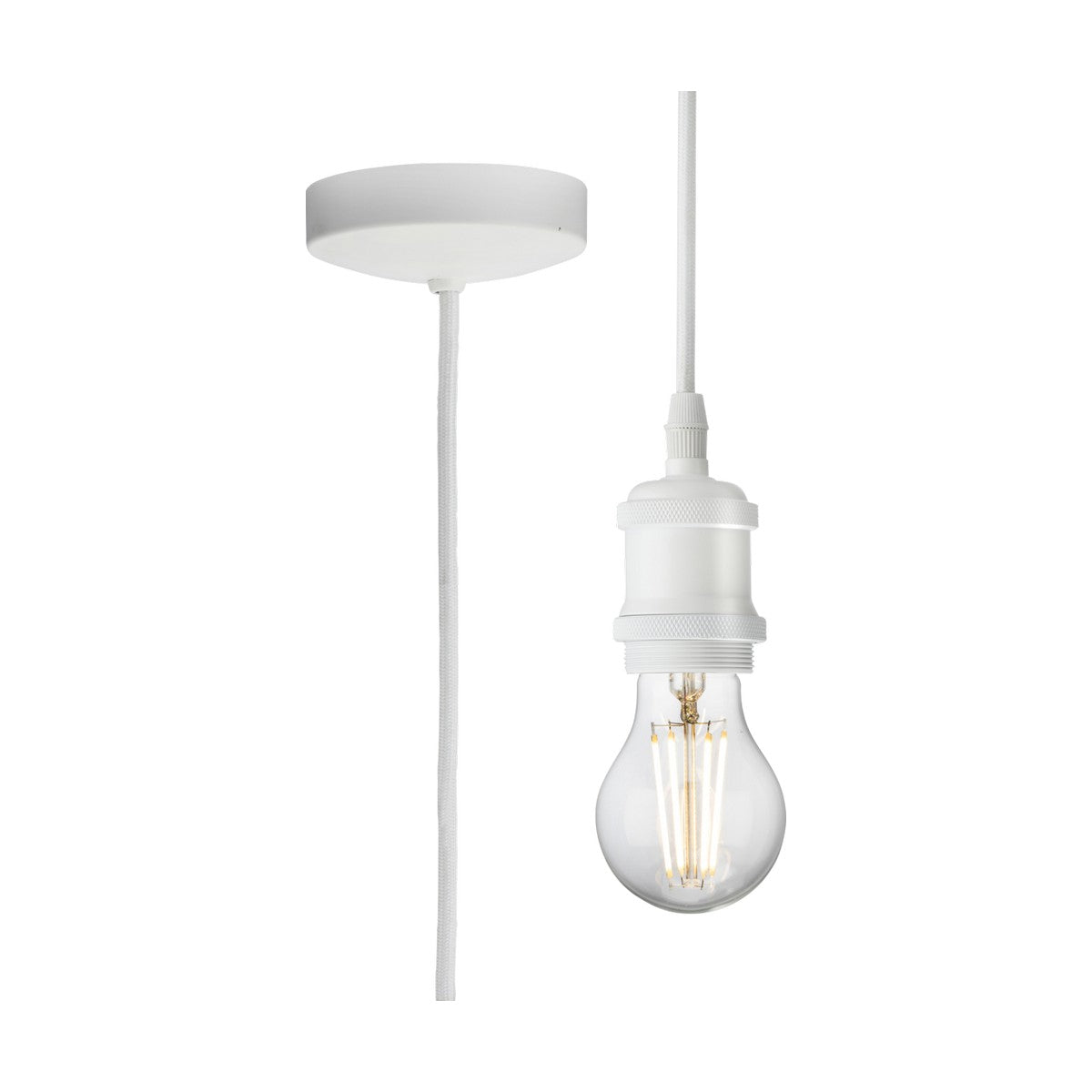 The 1.8m ES Vintage Pendant Set in Matt White features a minimalist design with an E27 lamp base and exposed bulb. It includes a round ceiling mount and offers pre-wired installation for easy setup, perfect for adding a vintage touch to any space.