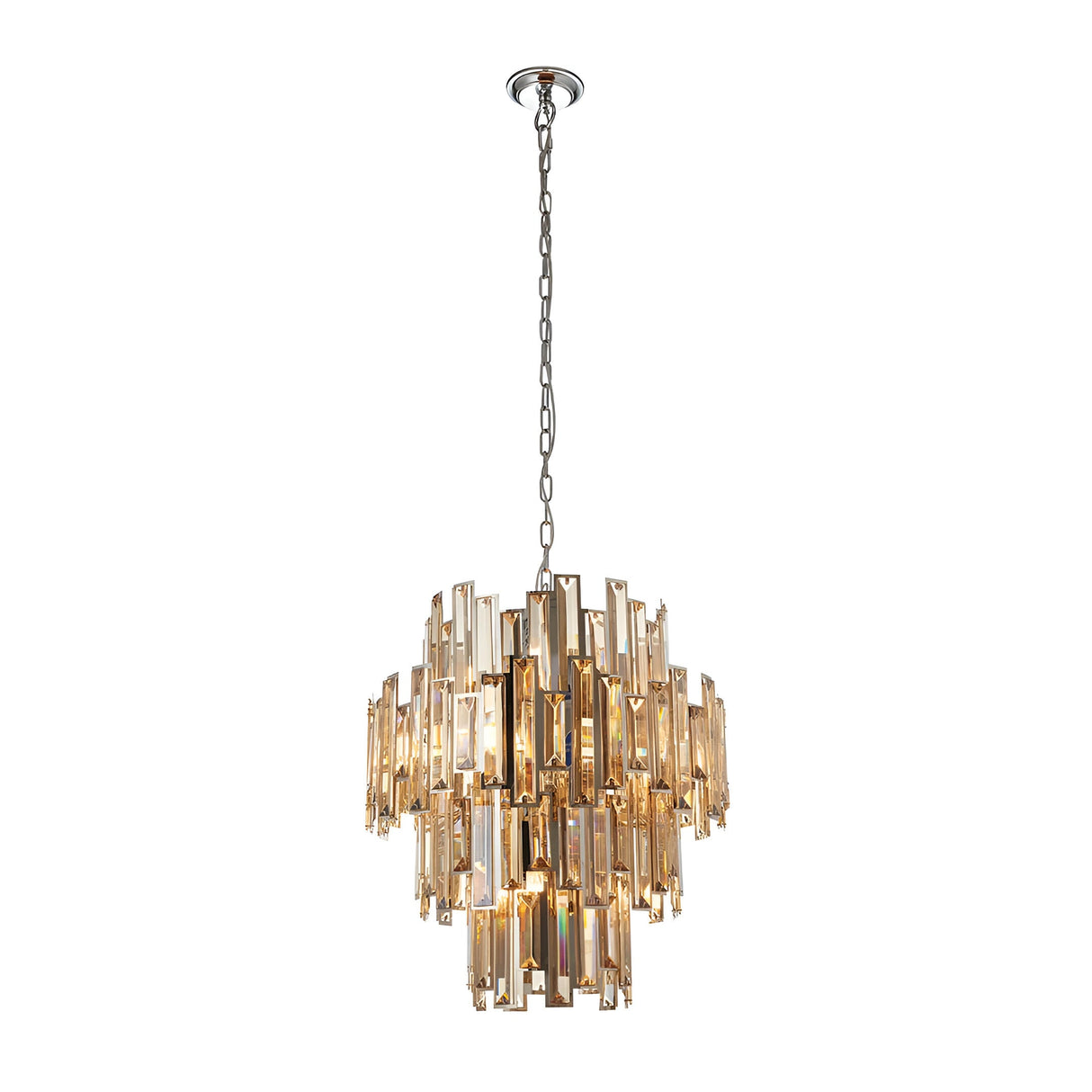 Endon Danedale 12 light chandelier in polished chrome with tiered champagne bevelled crystals, suspended from a chain on a plain white background.