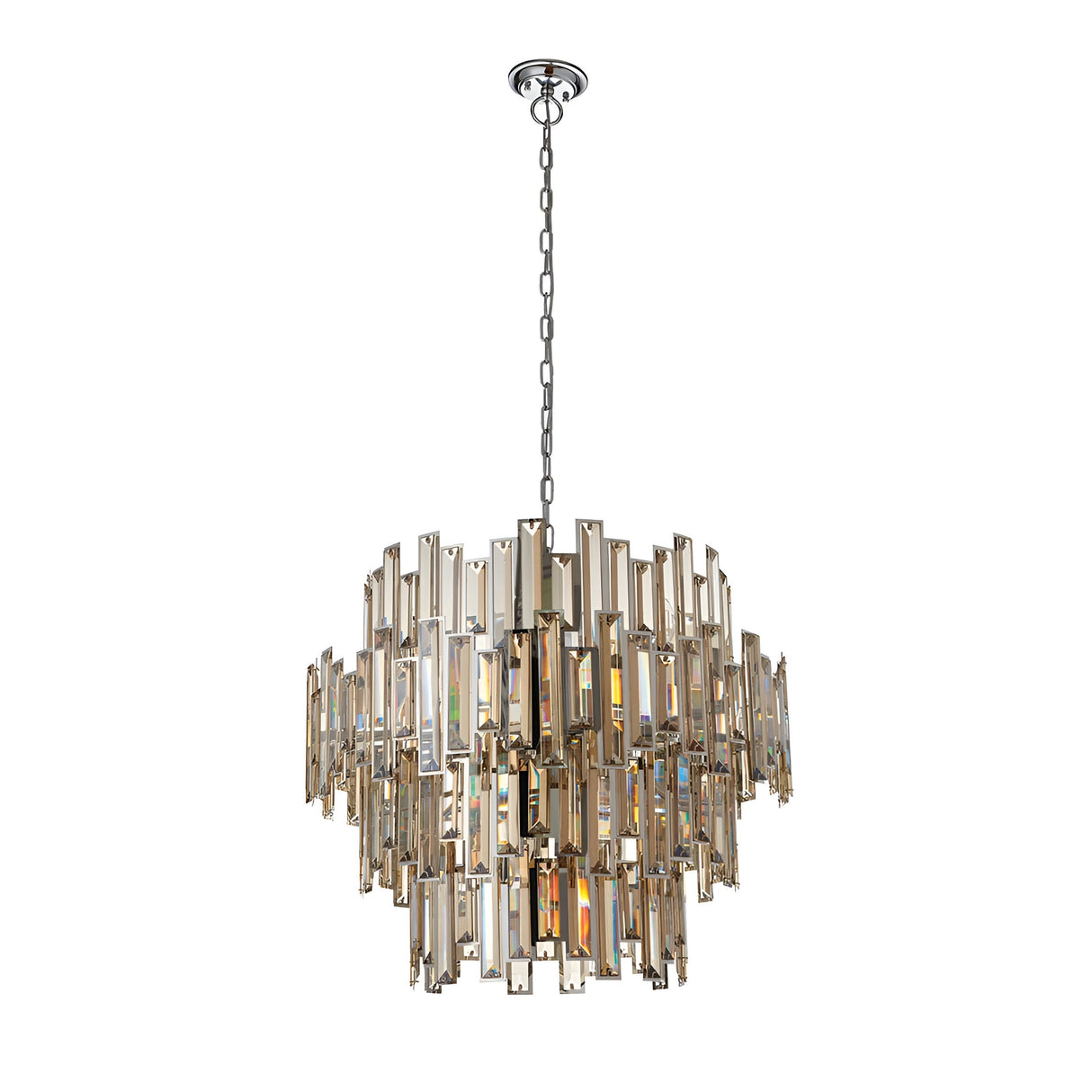 Endon Danedale 15 light chandelier in polished chrome with tiered tinted champagne bevelled crystals, suspended from a chain on a white background.