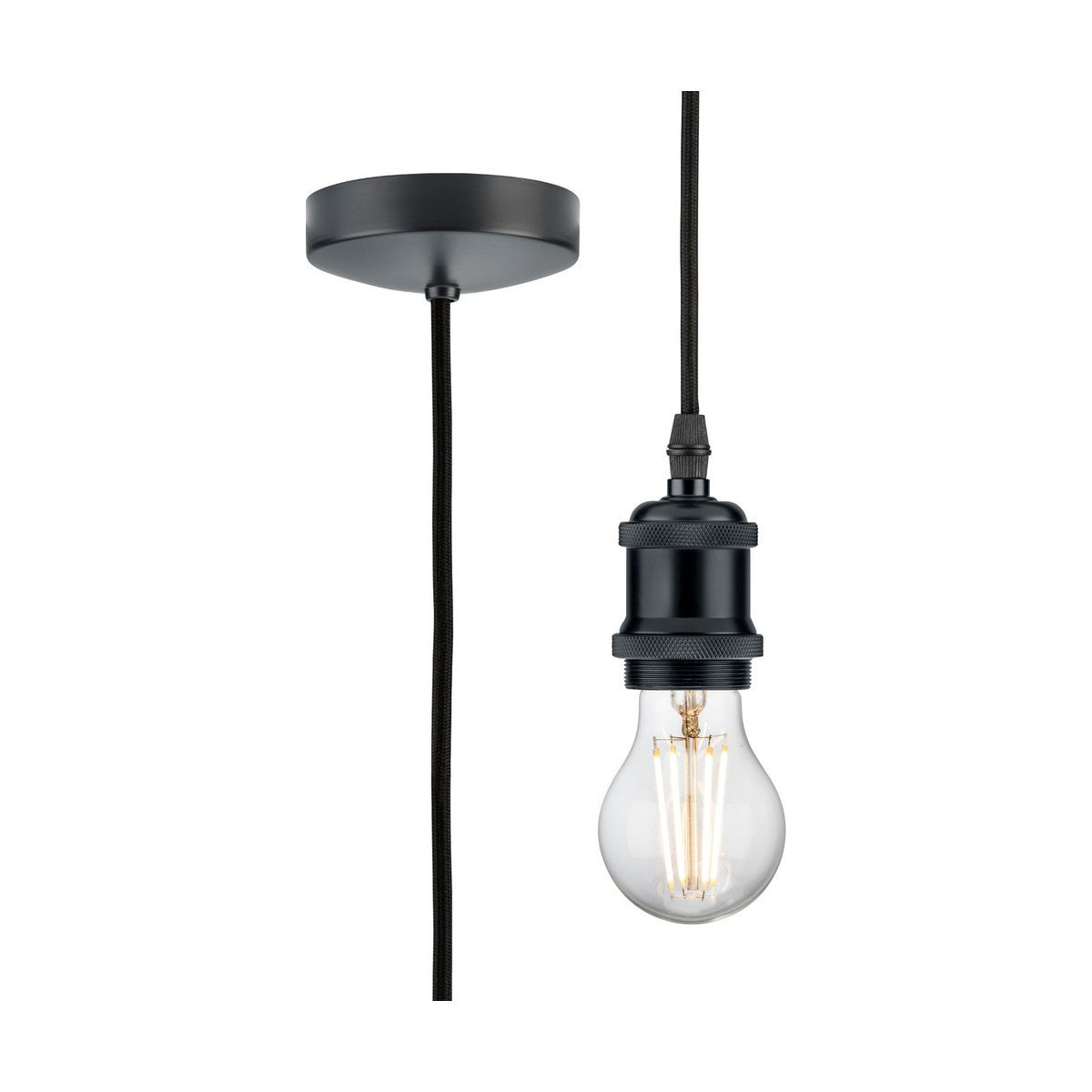 Introducing the 1.8m ES Vintage Pendant Set in Anthracite: This pendant lamp boasts a vintage-inspired design with a sleek metal finish. It comes with a black round ceiling mount and a fabric-covered cord. The minimalist style is enhanced by an exposed bulb on an E27 base which highlights its visible filaments, adding to its unique charm.