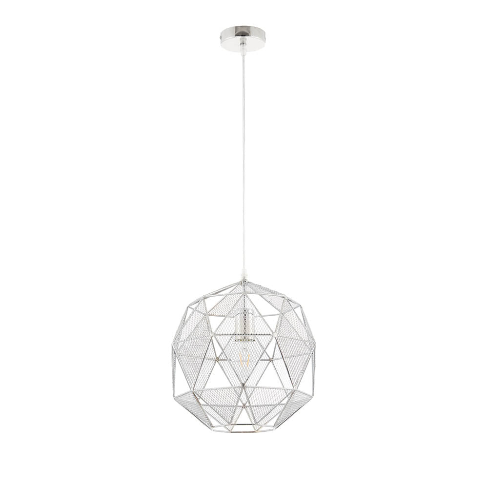 Aldford Pendant in polished chrome, a single-light geometric mesh shade with cut-out triangular panels, hung on a white cord against a plain background.