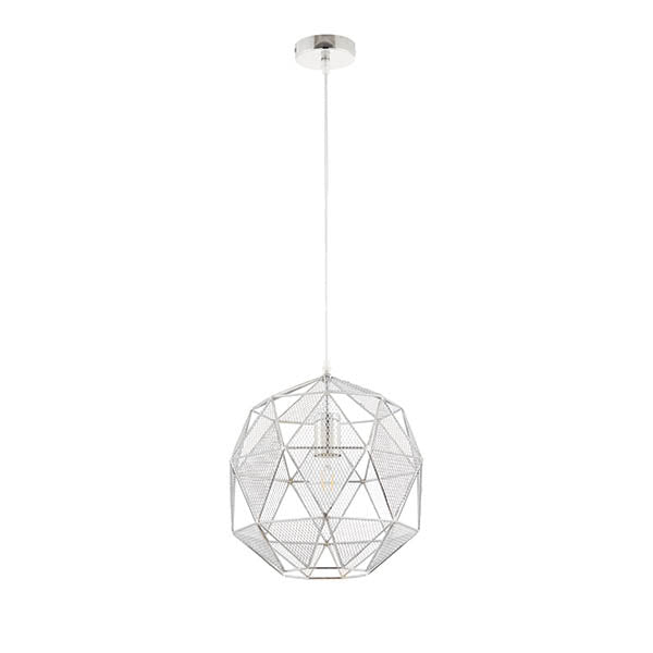 Aldford Pendant in polished chrome, a single-light geometric fixture with an open mesh triangle shade, shown on a plain white background.