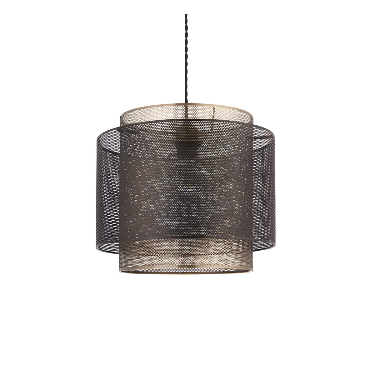 Chartfield Pendant in Brass & Black, a single-light fitting with layered mesh cylinder shades in antique brass and matt black, shown on white.