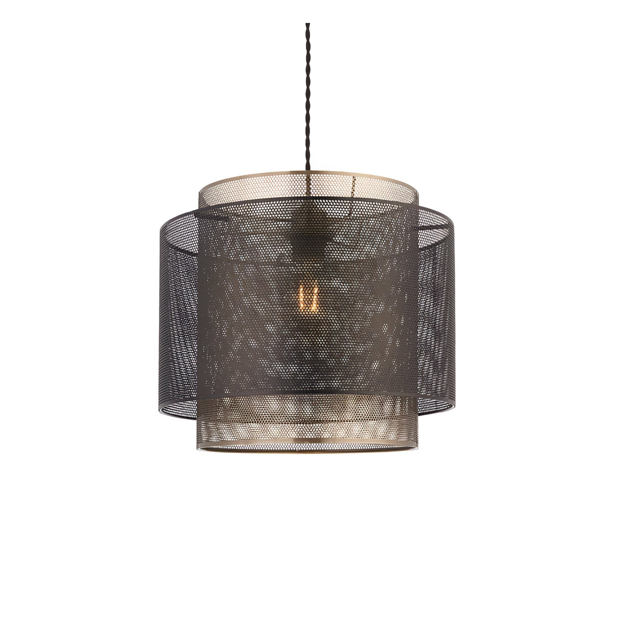 Chartfield Pendant in Brass & Black with double mesh cylinder shades, antique brass inner layer, matt black outer, E27 fitting.