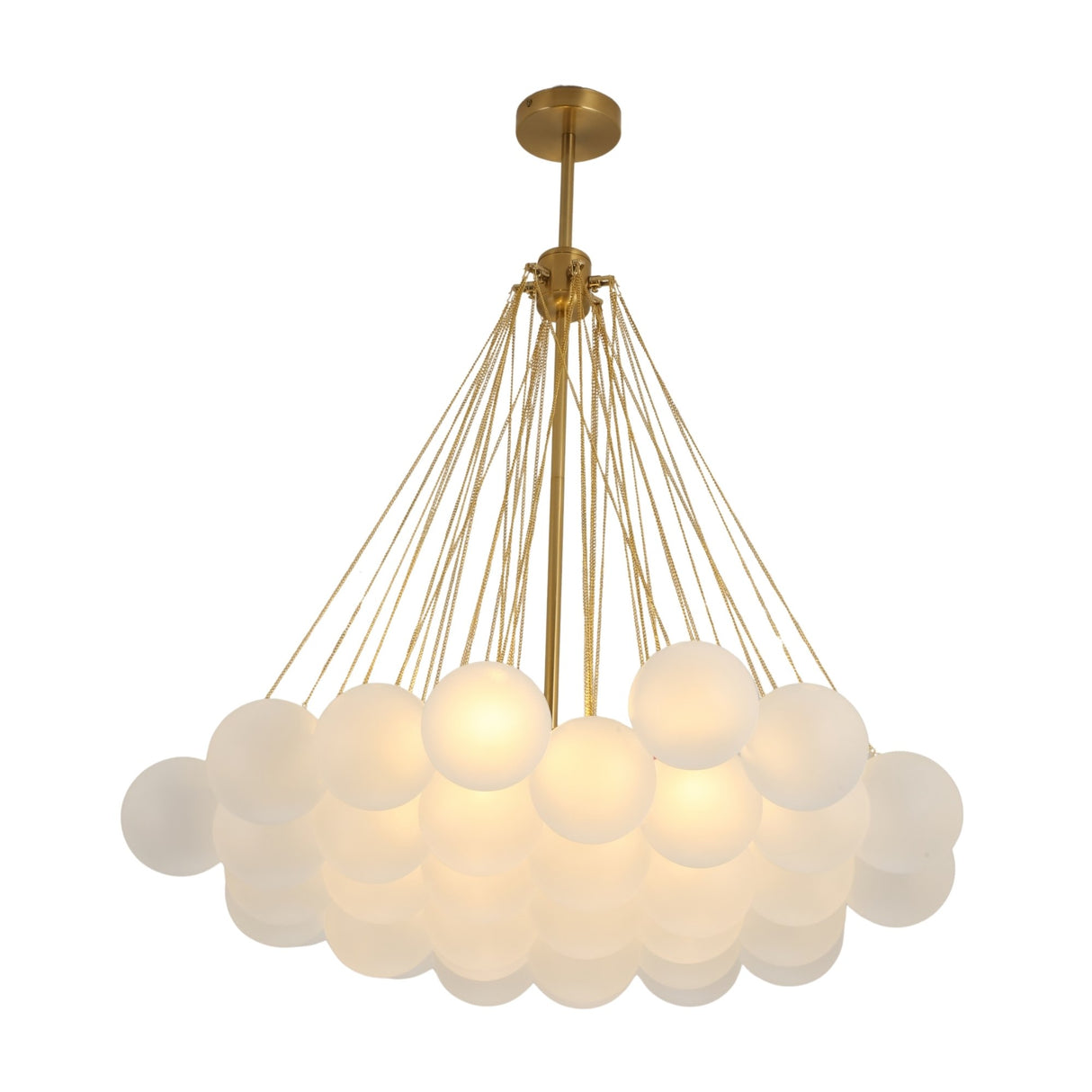 The Orb 37 Light Cluster Suspension - Gold is a modern chandelier with multiple frosted glass globes connected by gold rods, creating a striking cloud-like effect.