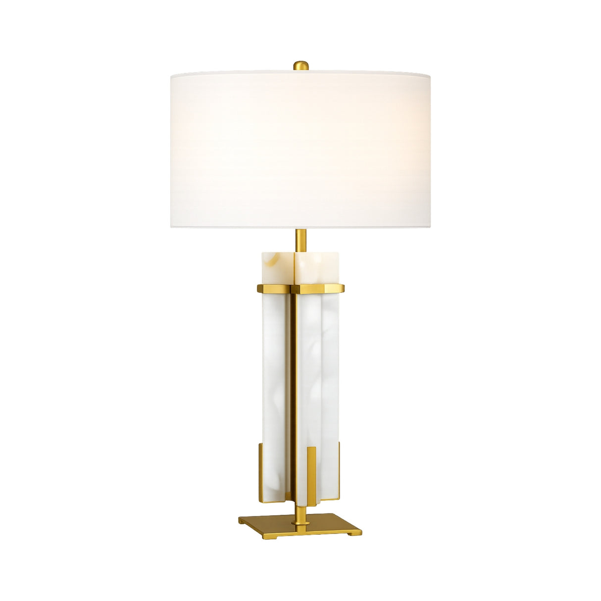 The Orinth 1 Light Framed Alabaster Column Table Lamp features a brass frame, rectangular white marble base, and a large white drum shade, shown against a plain white background.