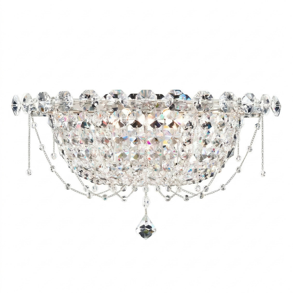 The Amara 2 Light K9 Crystal Flush Ceiling Light in Chrome features sparkling faceted crystals, hanging chains, and a dangling crystal pendant—ideal for adding elegance to any room. Shown here against a white background.