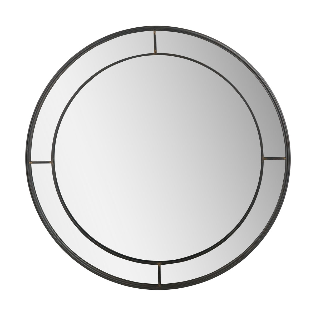 Round wall mirror in antique bronze finish, 80 x 80cm, with a slim metal frame divided by four thin spokes, shown on a plain white background.