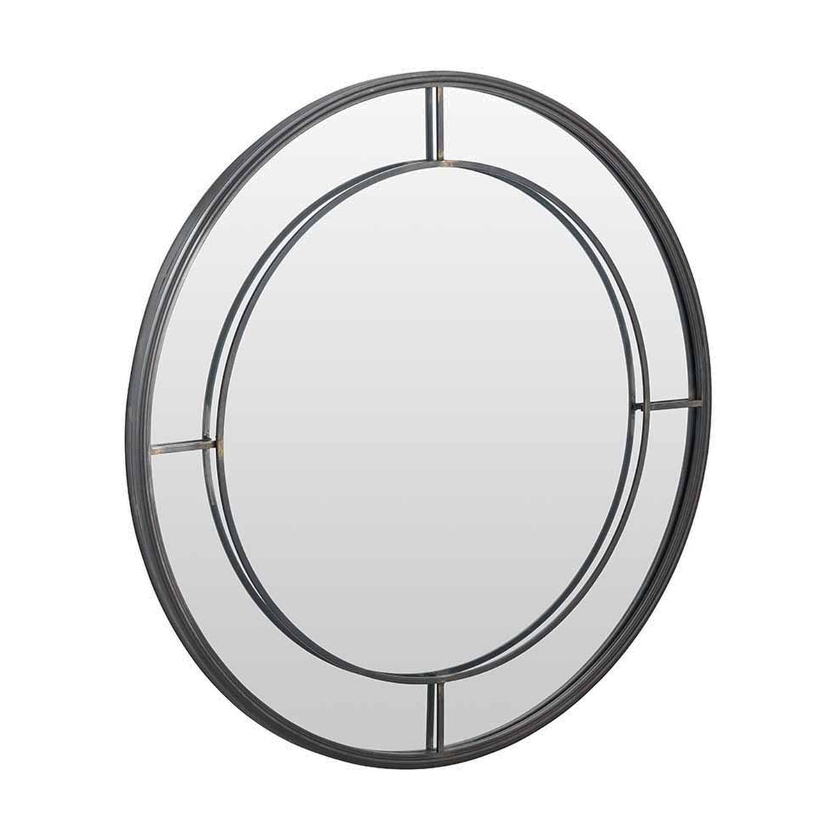 Round wall mirror, 80 x 80cm, with a double-ring antique bronze metal frame and bar accents, shown at an angle on a plain white background.