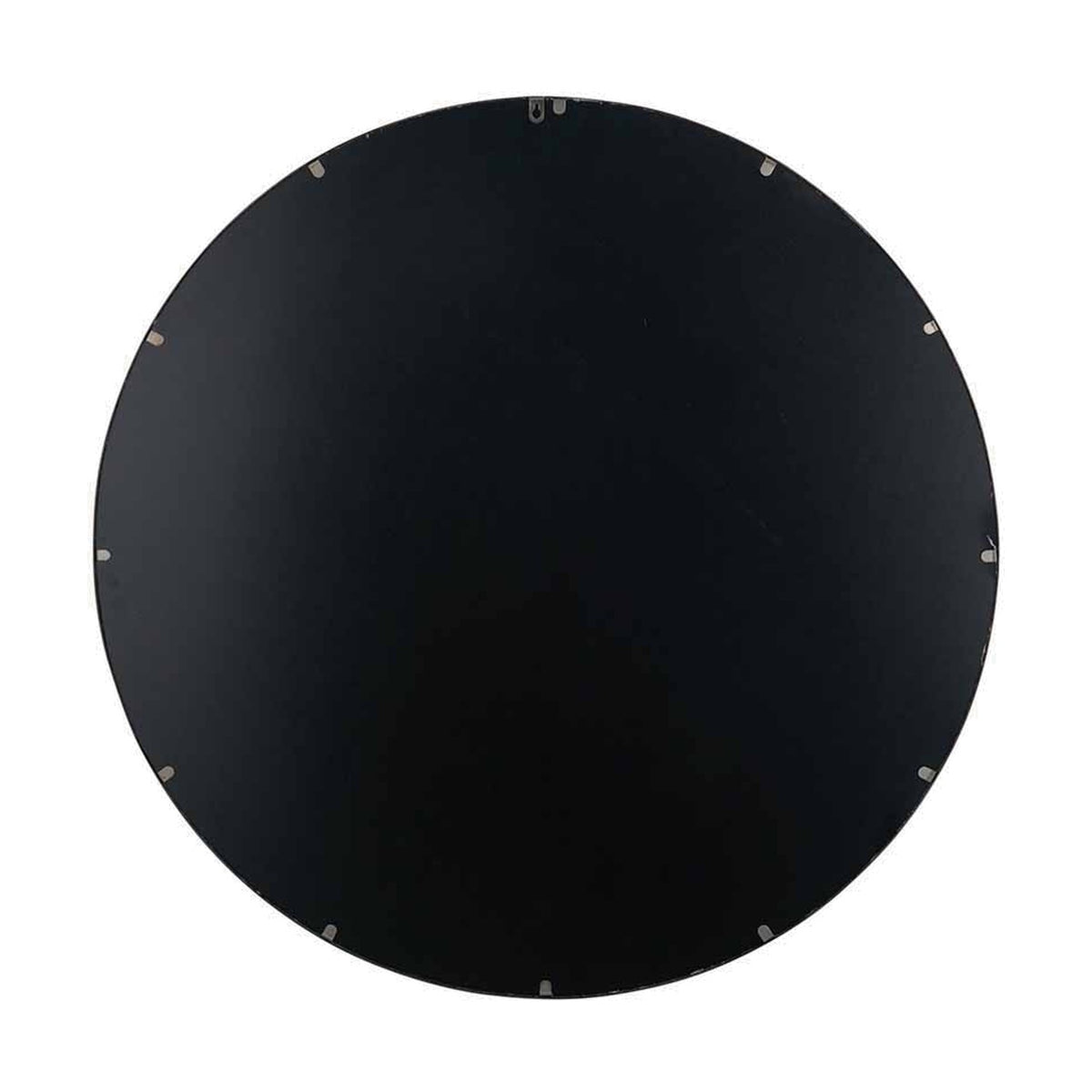 Round wall mirror, 80 x 80cm, with a thin antique bronze frame, shown face-on with visible mounting clips on a plain white background.