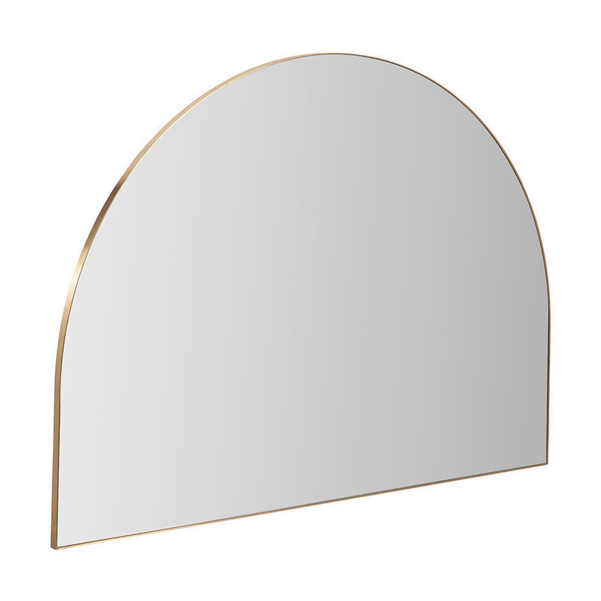 Wide arch wall mirror with a slim brushed gold metal frame, 120 x 90cm, shown at an angle against a plain white background.