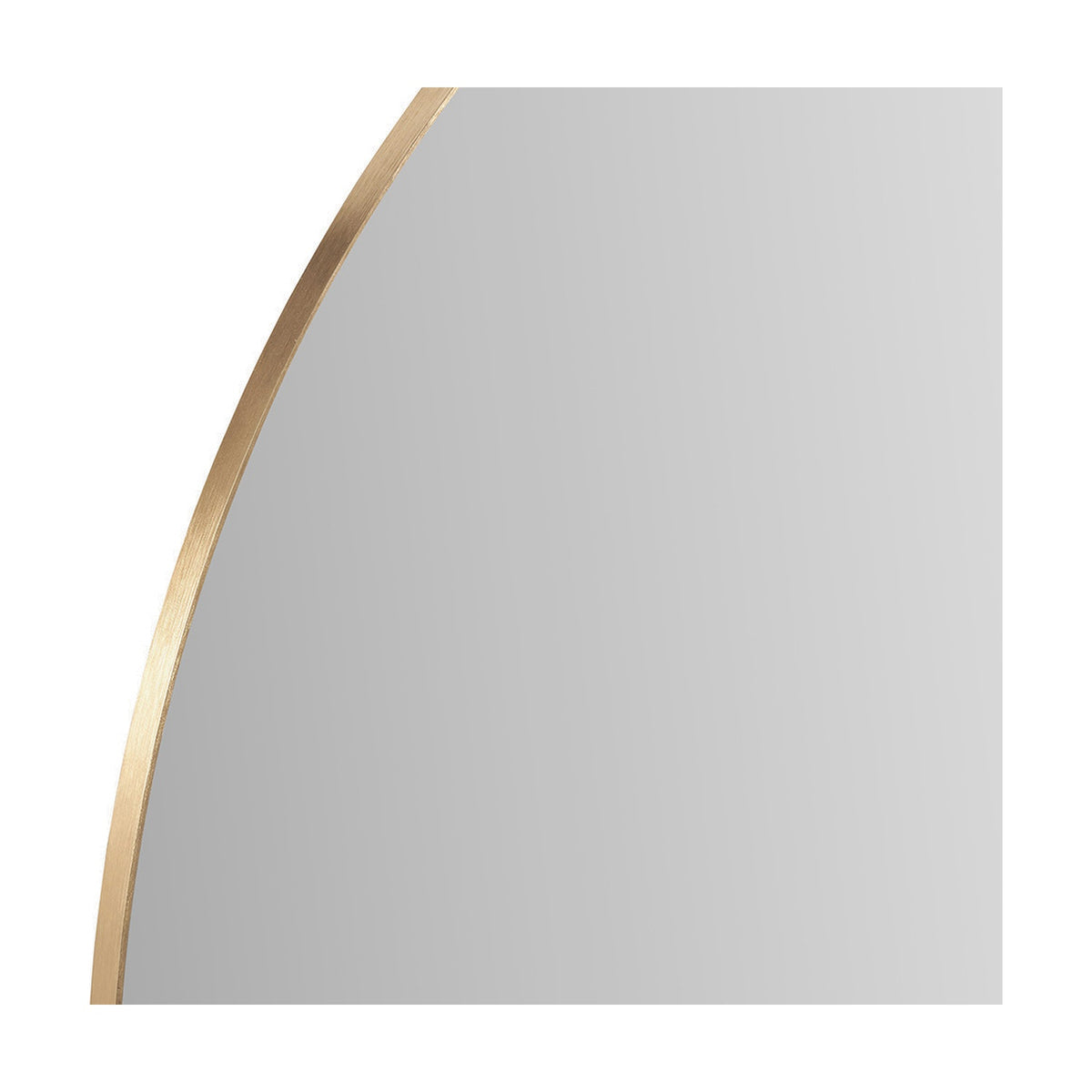 Close-up of the Slim Frame Brushed Gold Metal Wide Arch Wall Mirror, showing the curved top corner with a slim brushed gold metal frame against the mirrored glass.