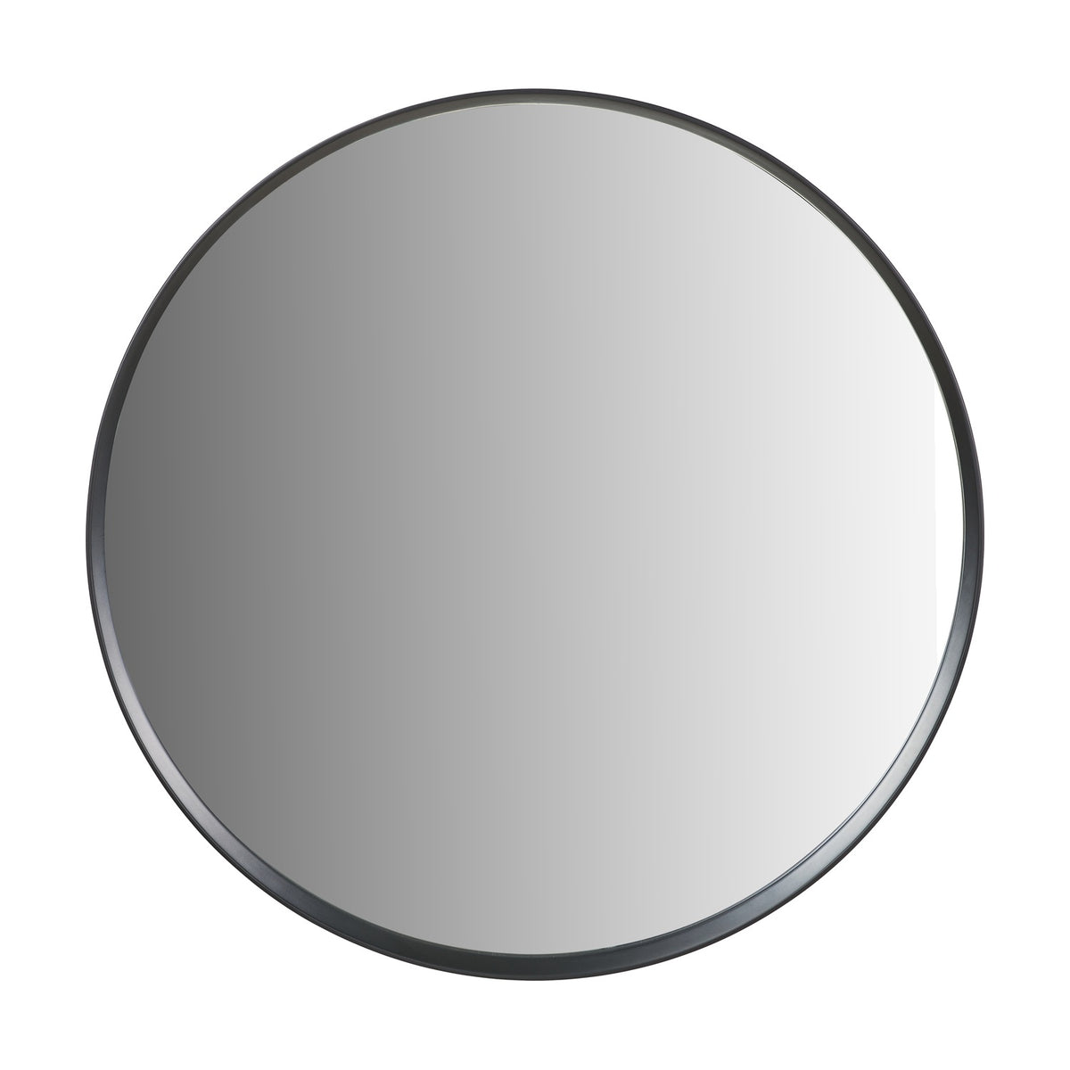 Round wall mirror with a deep black wood veneer frame, 74 x 74cm, shown against a plain white background.