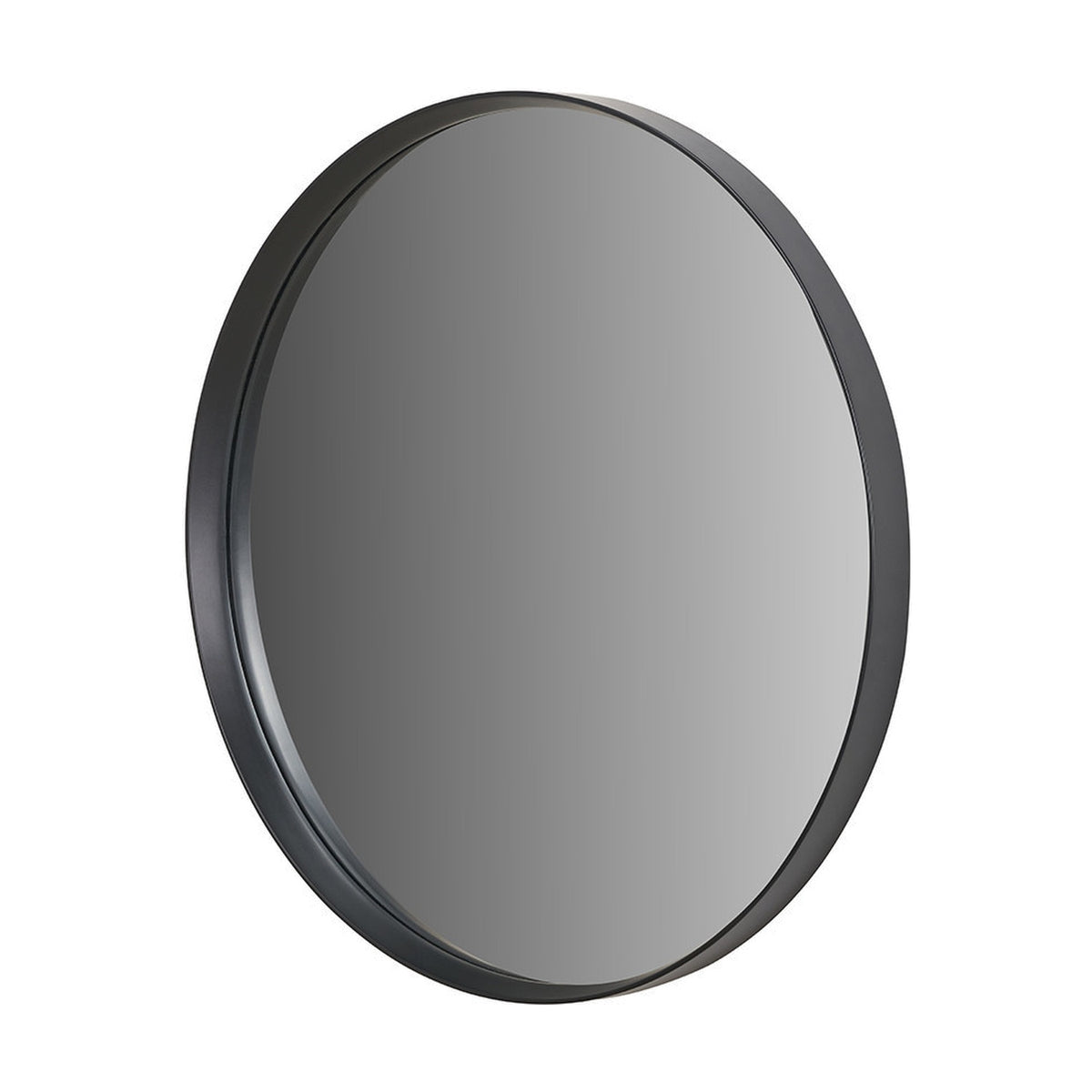 Round wall mirror, 74 x 74cm, with a deep black wood veneer frame, shown at an angle on a plain white background.