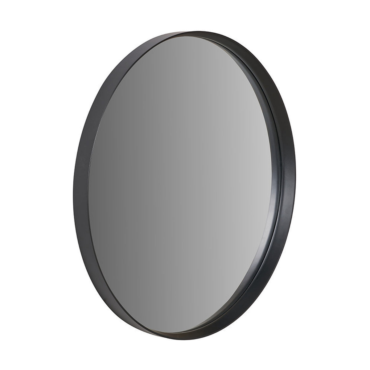 Round wall mirror, 74 x 74cm, with a deep black wood veneer frame, shown at an angle against a plain white background.