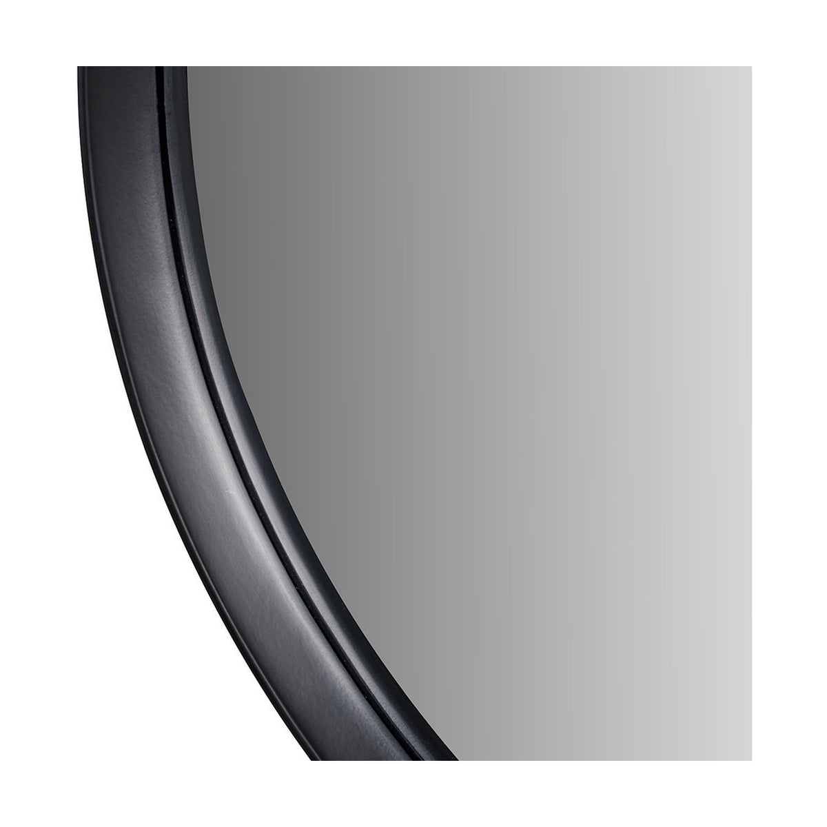 Close-up of the Black Wood Veneer Deep Edge Large Round Wall Mirror, 74 x 74cm, showing the deep black frame edge against the reflective glass surface.