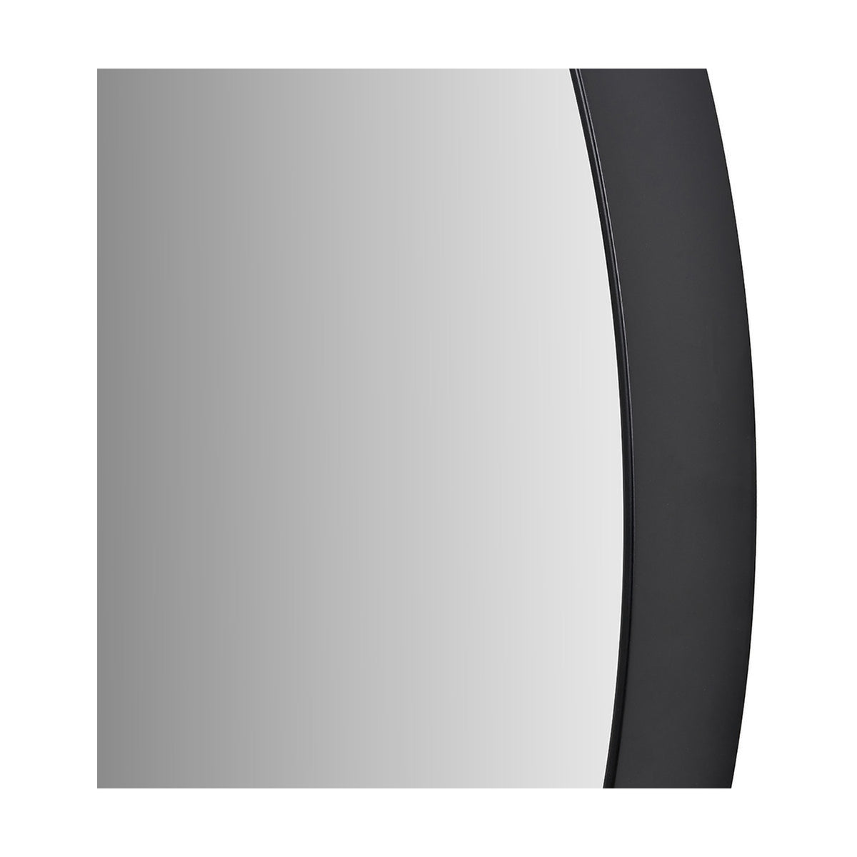Close-up of the Black Wood Veneer Deep Edge Large Round Wall Mirror, 74 x 74cm, showing the deep black frame edge against the mirrored glass on a plain background.