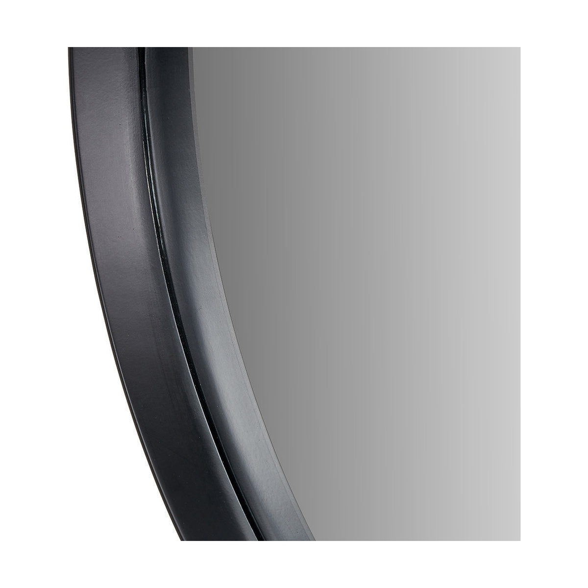 Close-up of the deep black wood veneer frame edge on the round wall mirror, 74 x 74cm, showing its curved profile against a plain background.