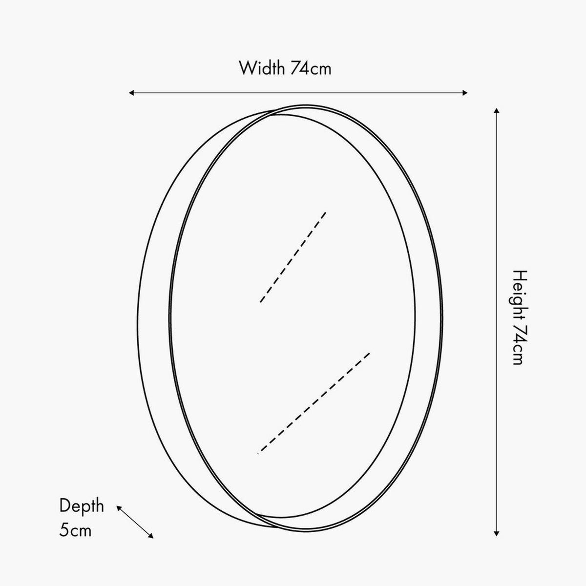 Line drawing of a round wall mirror with a deep black frame, showing width and height of 74cm and a depth of 5cm, on a plain background.