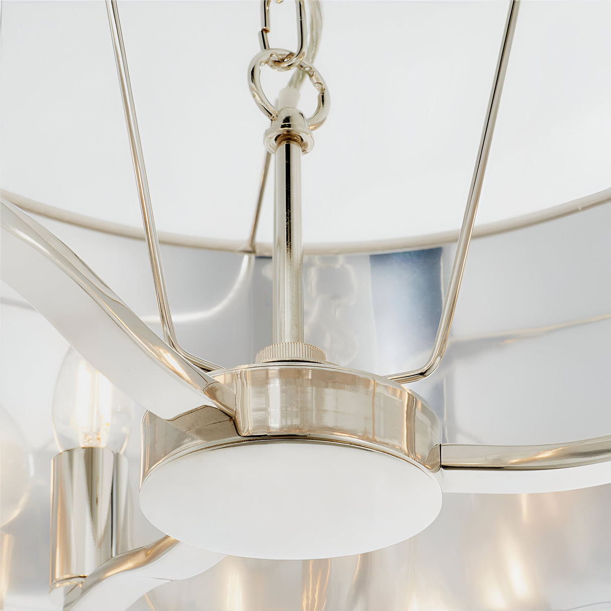Close-up of Endon Brendale 3 Light Pendant showing polished nickel arms, chain suspension, and E14 lamp holder beneath the white faux silk shade.