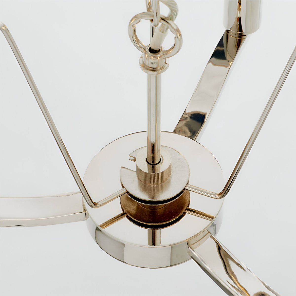 Close-up of the Endon Brendale 3 Light Pendant showing its polished nickel chain, central rod and three-arm frame against a plain white background.