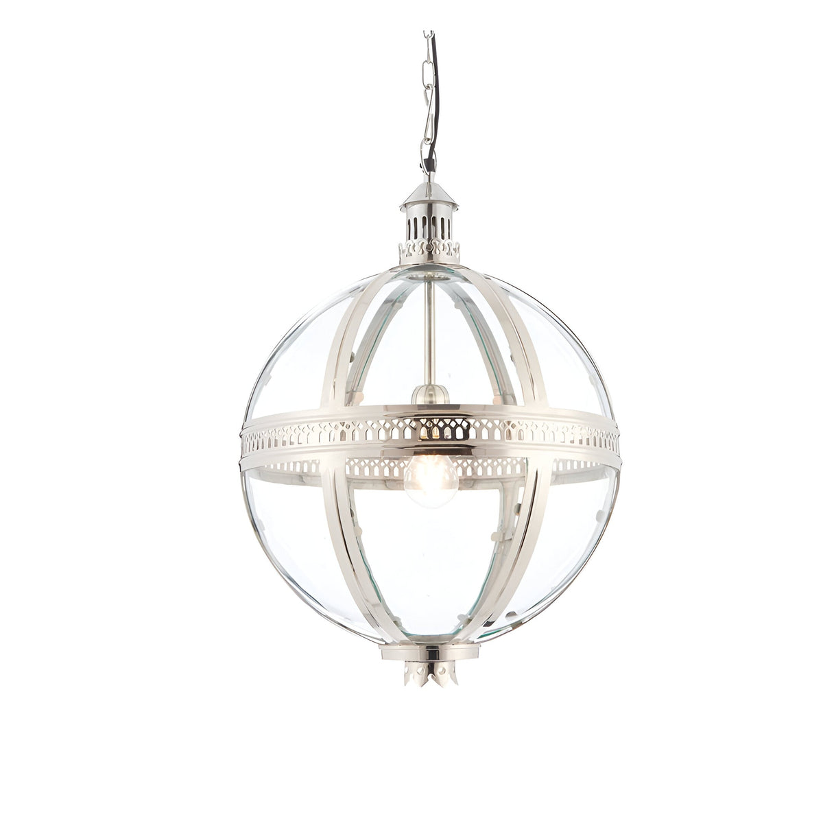 Endon Danecombe spherical pendant light in nickel plated brass with clear glass panels and single E27 lamp, suspended from a chain on a white background.