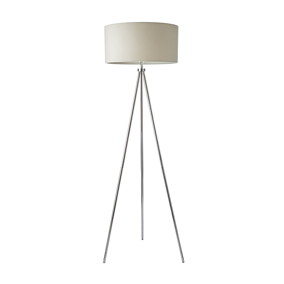 Endon Cranwell tripod floor lamp with slim chrome splayed legs and a wide cream linen-effect drum shade, shown on a plain white background.